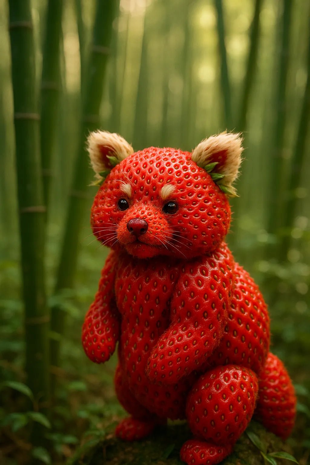 Example output from the Whimsical Fruity Animal Photo ChatGPT prompt: hyper-realistic animals crafted from fruit Red Panda.