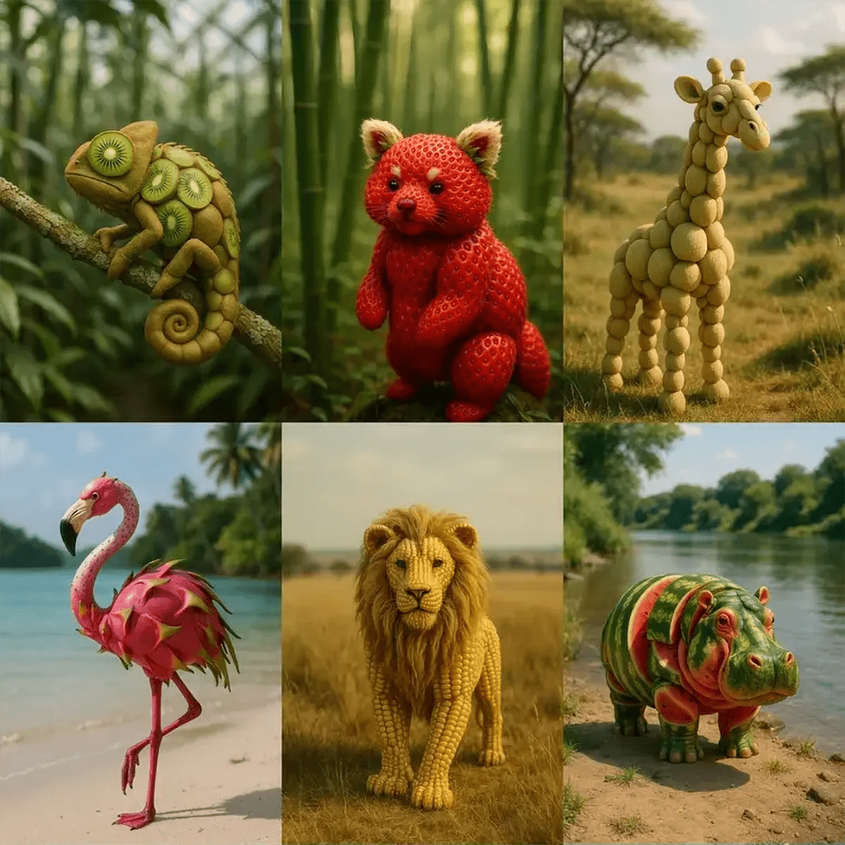 Example output from the Whimsical Fruity Animal Photo ChatGPT prompt: hyper-realistic animals crafted from fruit—like a strawberry red panda, corn lion, and kiwi chameleon—posed in natural outdoor scenes with soft daylight and magical realism.