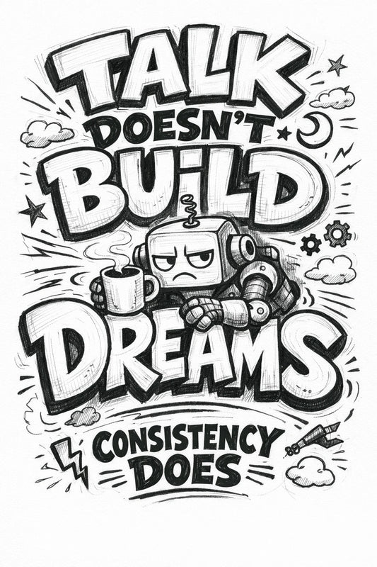 Whimsical handdrawn typography poster featuring bold hand-lettered quotes with playful illustrated characters interacting with the text in an ink sketch style: Talk doesn't build dreams
