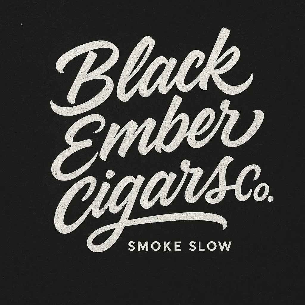Example output from the White Bold Brush Script Logos ChatGPT prompt: Black Ember Cigars Co.