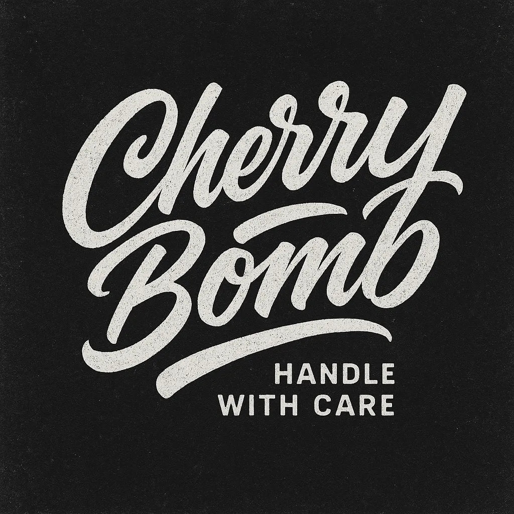 Example output from the White Bold Brush Script Logos ChatGPT prompt: Cherry Bomb.