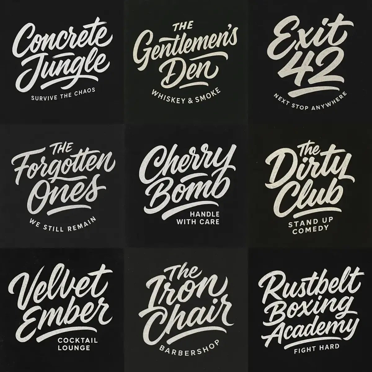 Example output from the White Bold Brush Script Logos ChatGPT prompt: bold hand-lettered brush script logos on black slate backgrounds, featuring chalk texture, expressive typography, and balanced brand layouts for businesses and creative projects.