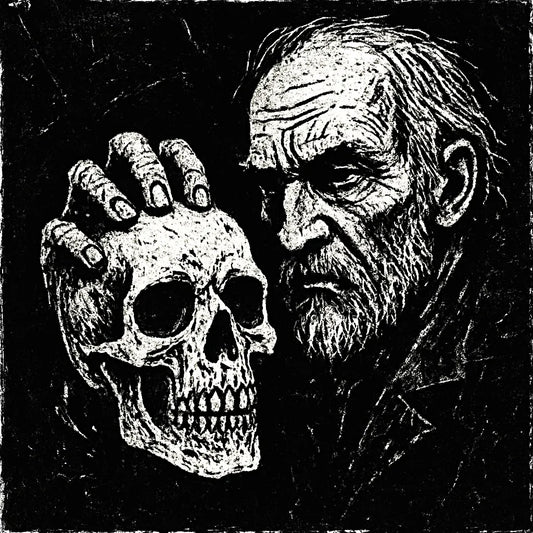 Example output from the White On Black Grunge Art Illustrations ChatGPT prompt: distressed gothic illustration, Old Man Skull