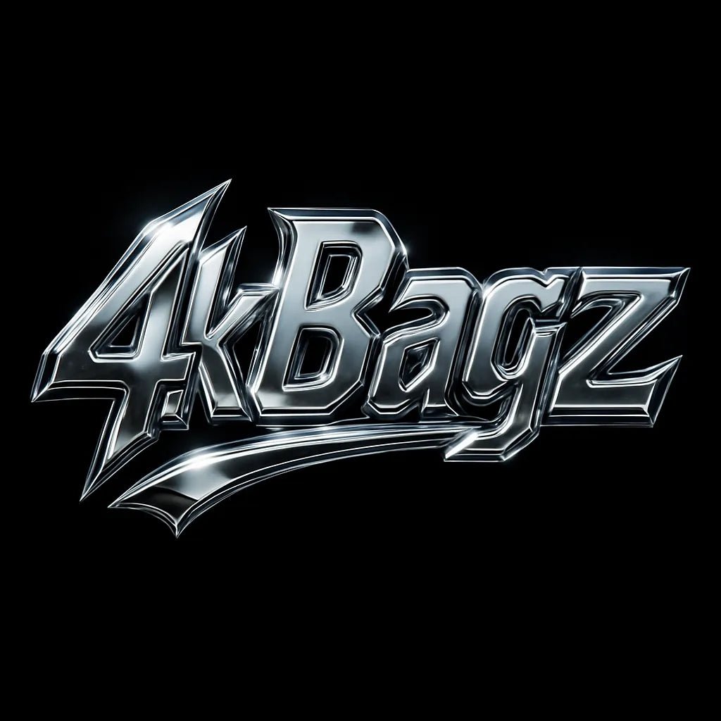 Example output from the Y2K Full Chrome Text Logos ChatGPT prompt: sharp, futuristic logo lettering in silver chrome with deep metallic reflections, black backgrounds, and Y2K-inspired mood styling for high-impact visuals. 4kBagz.