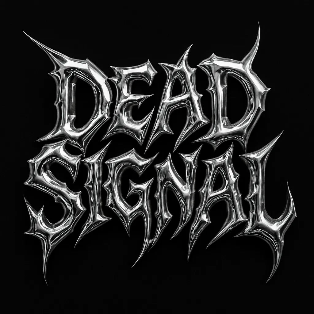Example output from the Y2K Full Chrome Text Logos ChatGPT prompt: sharp, futuristic logo lettering in silver chrome with deep metallic reflections, black backgrounds, and Y2K-inspired mood styling for high-impact visuals. Dead Signal.