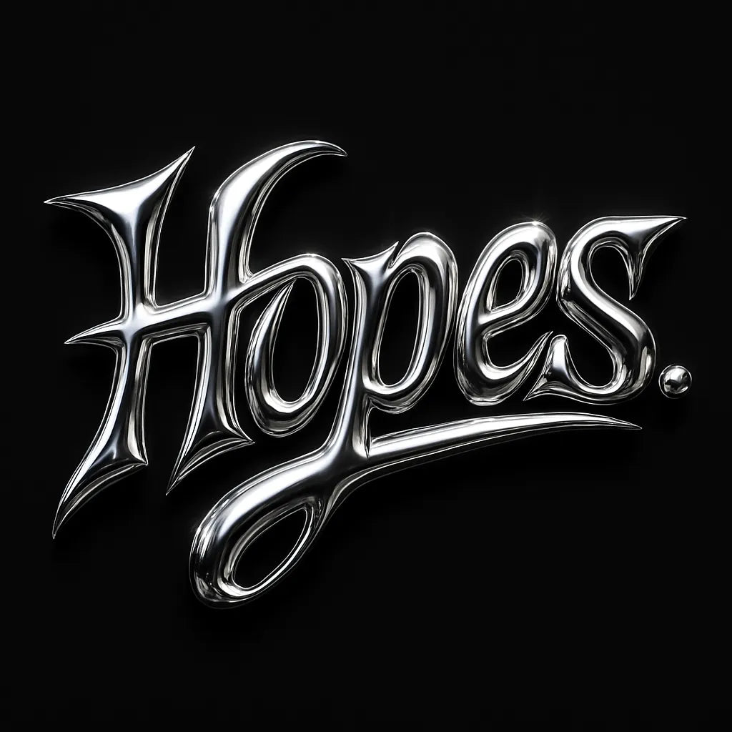 Example output from the Y2K Full Chrome Text Logos ChatGPT prompt: sharp, futuristic logo lettering in silver chrome with deep metallic reflections, black backgrounds, and Y2K-inspired mood styling for high-impact visuals. Hopes.
