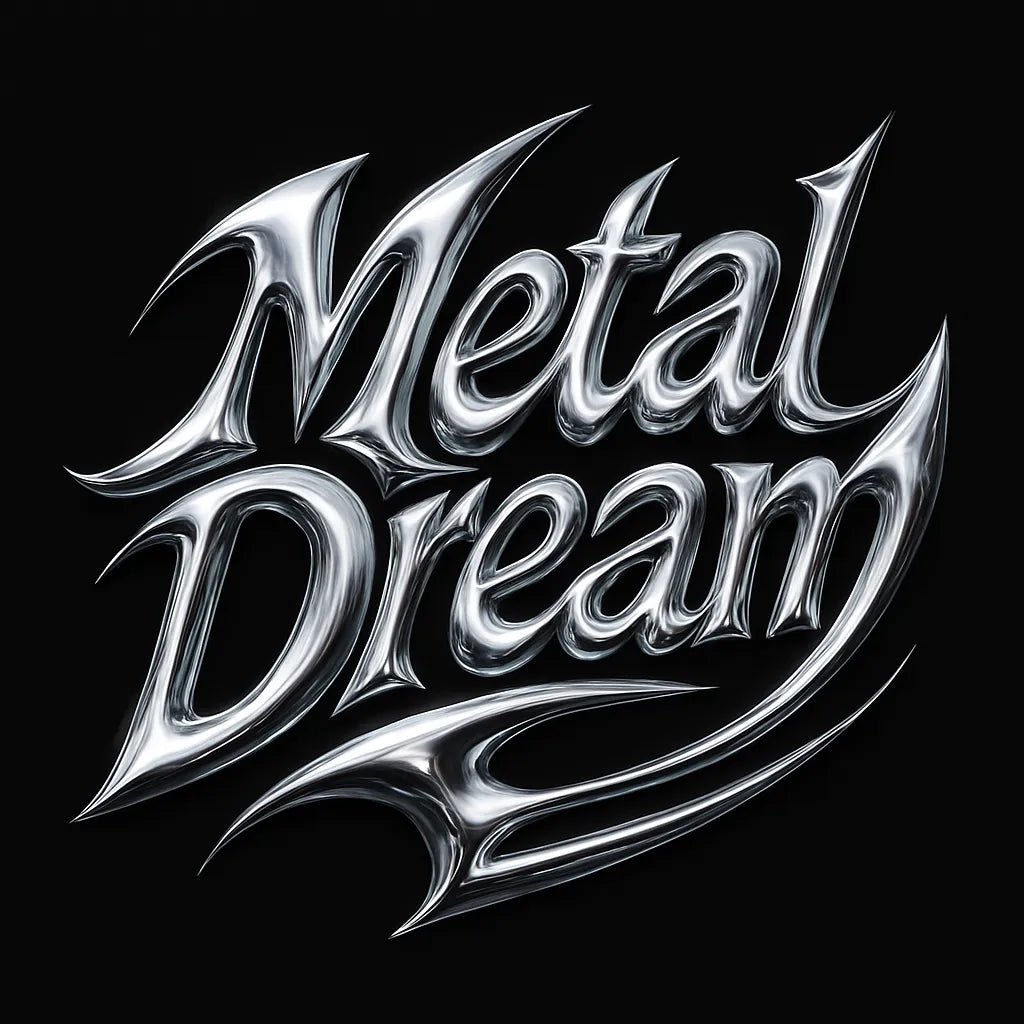 Example output from the Y2K Full Chrome Text Logos ChatGPT prompt: sharp, futuristic logo lettering in silver chrome with deep metallic reflections, black backgrounds, and Y2K-inspired mood styling for high-impact visuals. Metal Dream.