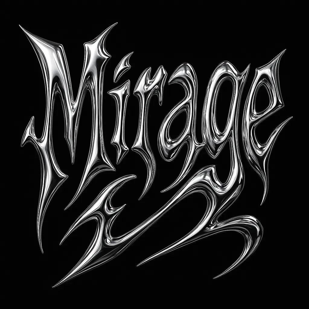 Example output from the Y2K Full Chrome Text Logos ChatGPT prompt: sharp, futuristic logo lettering in silver chrome with deep metallic reflections, black backgrounds, and Y2K-inspired mood styling for high-impact visuals. Mirage.