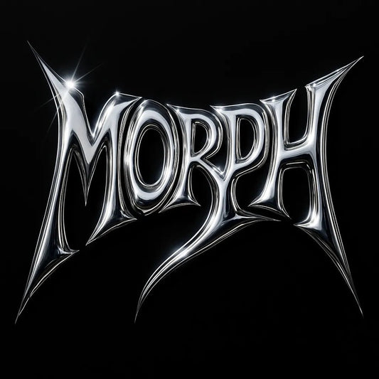Example output from the Y2K Full Chrome Text Logos ChatGPT prompt: sharp, futuristic logo lettering in silver chrome with deep metallic reflections, black backgrounds, and Y2K-inspired mood styling for high-impact visuals. Morph.