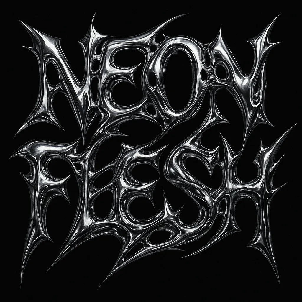 Example output from the Y2K Full Chrome Text Logos ChatGPT prompt: sharp, futuristic logo lettering in silver chrome with deep metallic reflections, black backgrounds, and Y2K-inspired mood styling for high-impact visuals. Neon Flesh.