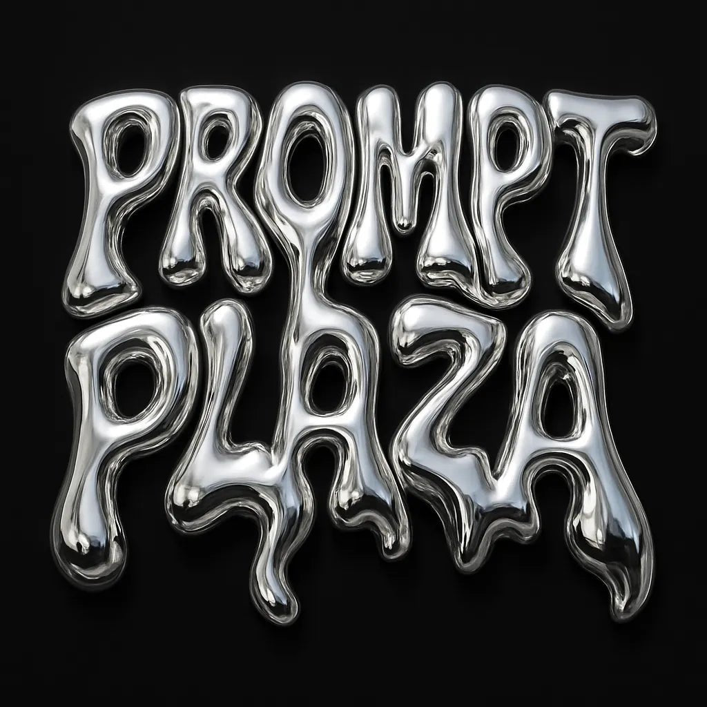 Example output from the Y2K Full Chrome Text Logos ChatGPT prompt: sharp, futuristic logo lettering in silver chrome with deep metallic reflections, black backgrounds, and Y2K-inspired mood styling for high-impact visuals. PromptPlaza.