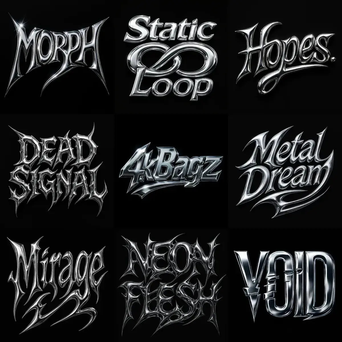 Example output from the Y2K Full Chrome Text Logos ChatGPT prompt: sharp, futuristic logo lettering in silver chrome with deep metallic reflections, black backgrounds, and Y2K-inspired mood styling for high-impact visuals.
