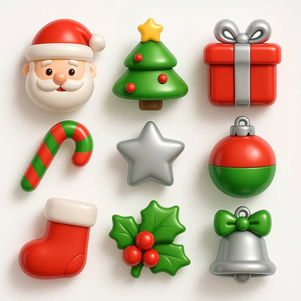 Example output from the Your Own 3D Icon Packs ChatGPT prompt: assorted 3D-rendered icons. Christmas.