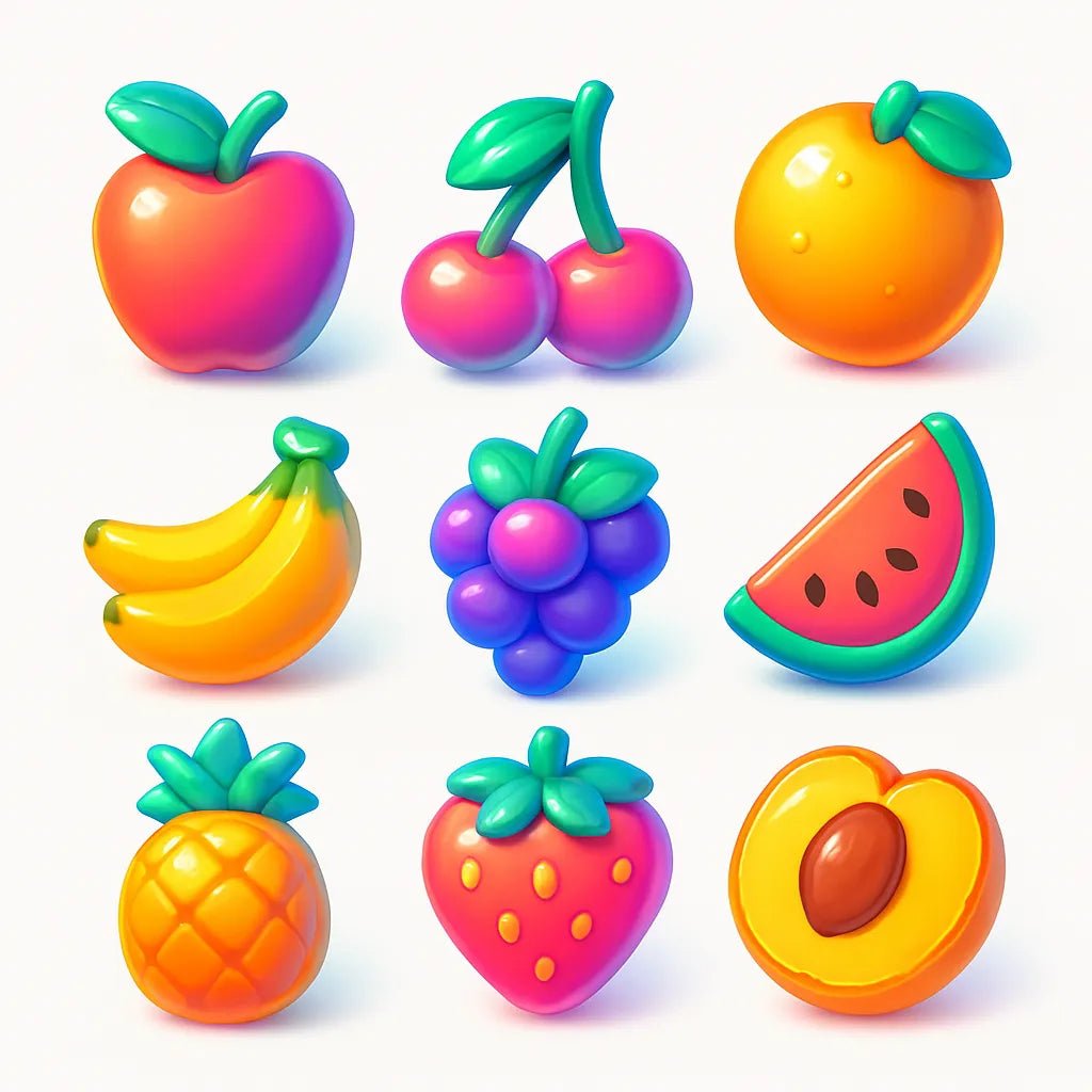 Example output from the Your Own 3D Icon Packs ChatGPT prompt: assorted 3D-rendered icons. Fruits.