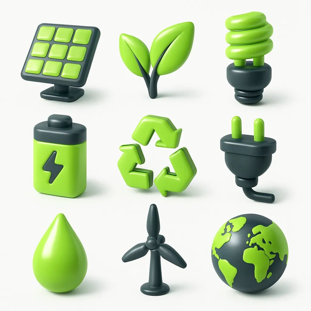 Example output from the Your Own 3D Icon Packs ChatGPT prompt: assorted 3D-rendered icons. Green Energy.