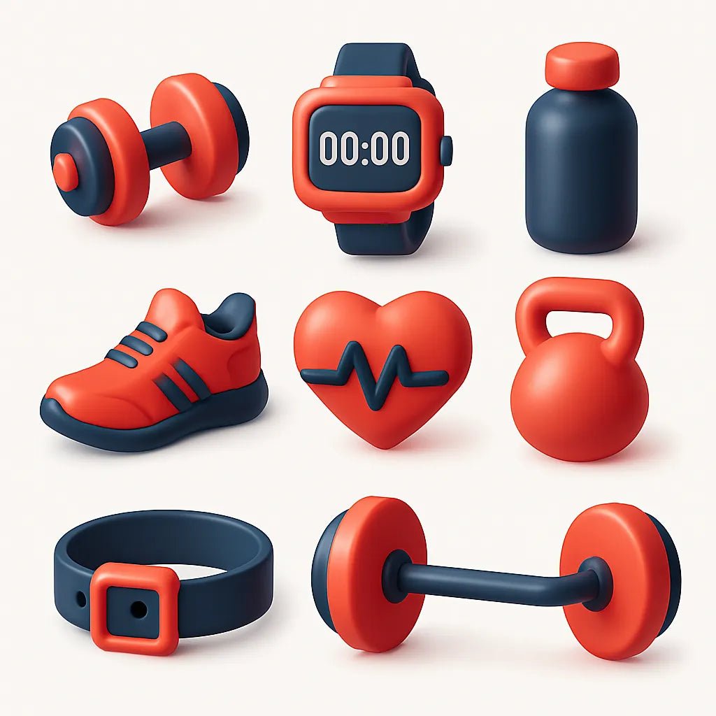 Example output from the Your Own 3D Icon Packs ChatGPT prompt: assorted 3D-rendered icons. Gym Stuff.