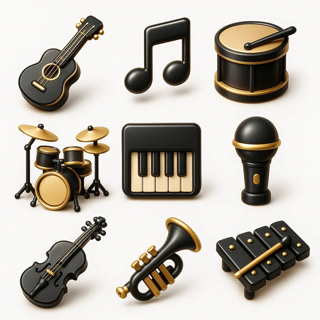 Example output from the Your Own 3D Icon Packs ChatGPT prompt: assorted 3D-rendered icons. Music Instruments.