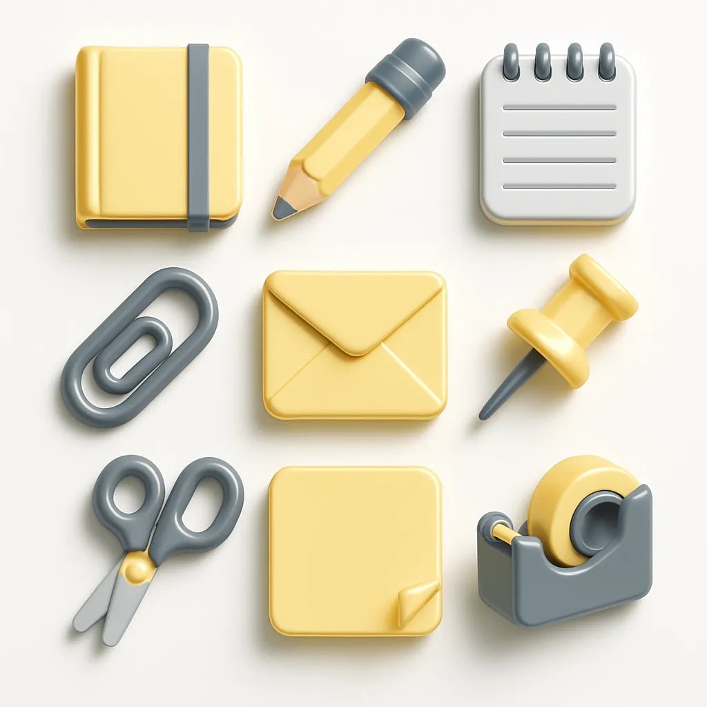 Example output from the Your Own 3D Icon Packs ChatGPT prompt: assorted 3D-rendered icons. Office Stuff.