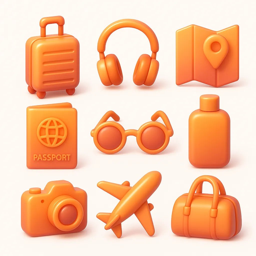 Example output from the Your Own 3D Icon Packs ChatGPT prompt: assorted 3D-rendered icons. Travel.