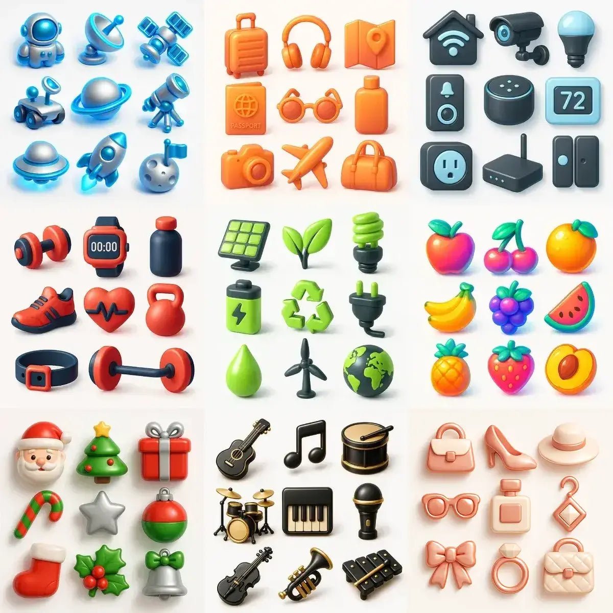 Example output from the Your Own 3D Icon Packs ChatGPT prompt: assorted 3D-rendered icons on white background, featuring tech, tools, emojis, and objects with glossy finishes and soft drop shadows for UI and app use.