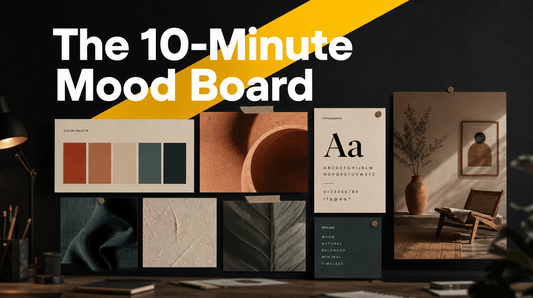 The 10-Minute Mood Board editorial hero with floating mood board panels showing color swatches, typography, and textures