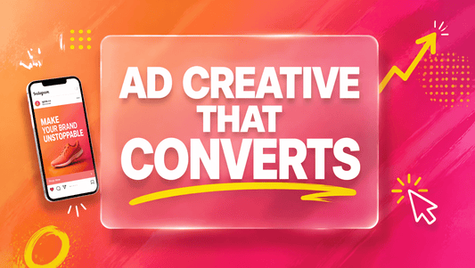 AI ad creative prompts hero graphic with bold AD CREATIVE THAT CONVERTS title, yellow accent and glassmorphism card on a coral to magenta gradient