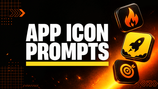 AI app icon design prompts hero graphic with bold APP ICON PROMPTS title, yellow accent underline and glossy app icon tiles on a near-black background with burnt orange glow