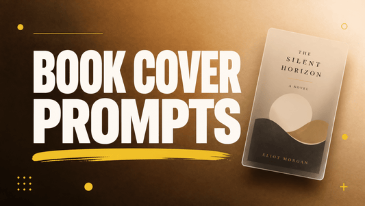 AI book cover design prompts hero graphic with bold BOOK COVER PROMPTS title, yellow accent underline and a glassmorphism book cover card on an espresso brown to warm sand gradient