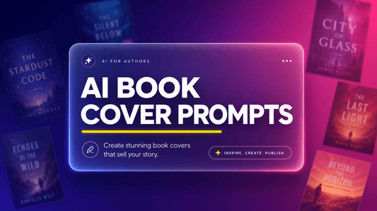 AI book cover prompts hero graphic with bold title and yellow accent on an indigo to magenta gradient