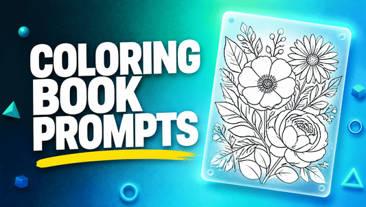 AI coloring book prompts hero graphic with bold COLORING BOOK PROMPTS title, yellow accent underline and a glassmorphism line art page on a deep teal to aqua gradient
