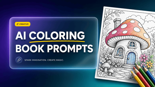 AI coloring book prompts blog hero with glassmorphism card, yellow accent and a line-art coloring page on a gradient