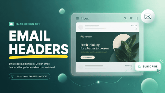 AI email header prompts hero graphic with emerald gradient, glassmorphism card, yellow accent and bold EMAIL HEADERS title