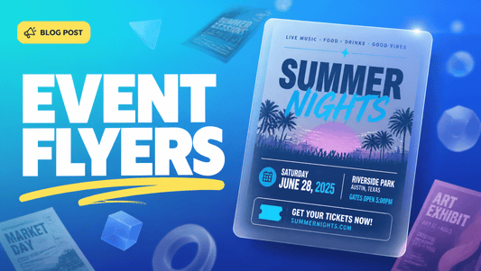AI event flyer design prompts hero graphic with bold EVENT FLYERS title, yellow accent underline and a glassmorphism flyer card on a turquoise to deep cerulean blue gradient