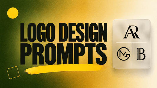 AI logo design prompts hero graphic with bold LOGO DESIGN PROMPTS title, yellow accent brush underline and a glassmorphism card of monogram marks on an olive green to gold gradient