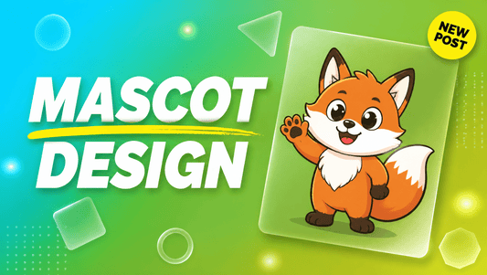 AI mascot design prompts hero graphic with bold MASCOT DESIGN title, yellow accent underline and a cartoon mascot on a glassmorphism card over an aqua to chartreuse gradient