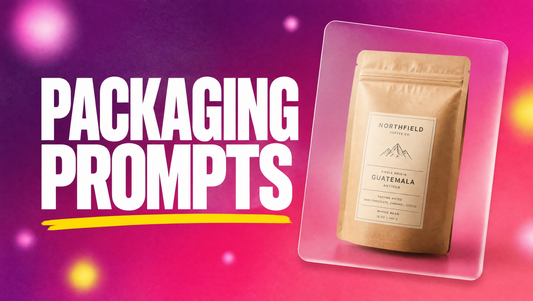 AI packaging design prompts hero graphic with bold PACKAGING PROMPTS title, yellow accent underline and a glassmorphism card holding a kraft coffee pouch on a violet plum to hot fuchsia gradient