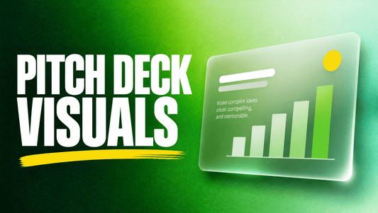 AI pitch deck design prompts hero graphic with bold PITCH DECK VISUALS title, yellow accent underline and a glassmorphism slide card on an emerald green to mint gradient