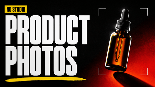 AI product photography prompts hero graphic with bold PRODUCT PHOTOS title, yellow NO STUDIO badge and a floating amber dropper bottle on a near-black background with scarlet red glow
