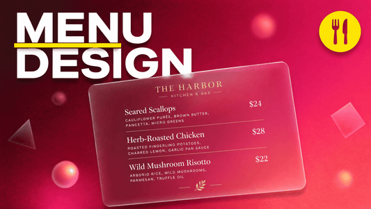 Restaurant menu design AI prompts hero graphic with bold MENU DESIGN title, yellow accent underline and a glassmorphism menu card on a wine burgundy to coral pink gradient