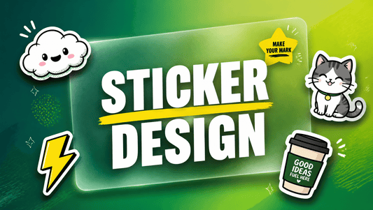 AI sticker design prompts hero graphic with bold STICKER DESIGN title, yellow accent underline and a cluster of die-cut stickers on a teal to lime green gradient