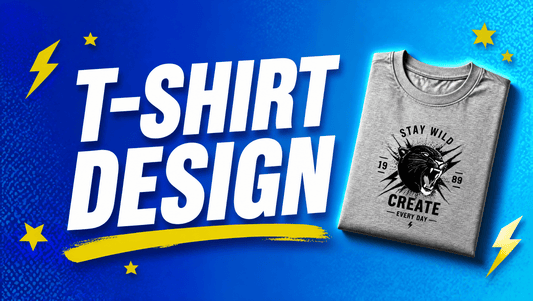 AI t-shirt design prompts hero graphic with bold T-SHIRT DESIGN title, yellow accent and a folded tee on a cobalt to cyan gradient