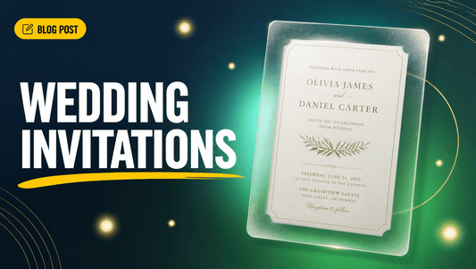 AI wedding invitation prompts hero graphic with bold WEDDING INVITATIONS title, yellow accent underline and a glassmorphism invitation card on an ink navy to emerald green gradient