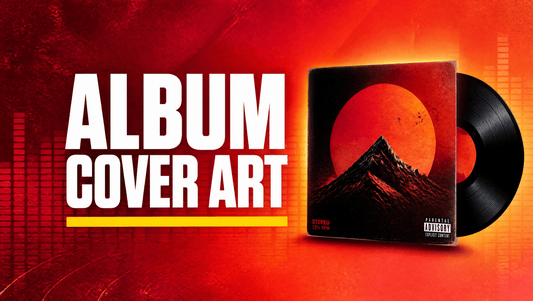 Album cover art AI prompts hero graphic with bold ALBUM COVER ART title, yellow accent underline and a floating vinyl record on a fiery crimson to orange gradient