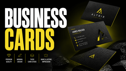 Dark poster hero reading BUSINESS CARDS with yellow accent and floating premium cards
