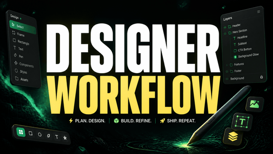 Dark poster hero reading DESIGNER WORKFLOW with yellow accent and floating design tool icons