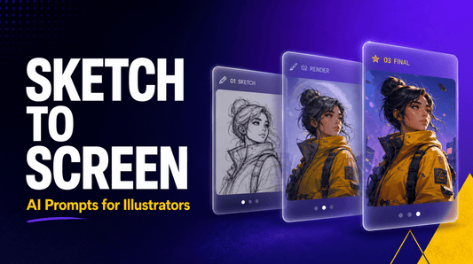 From sketch to screen AI prompts for illustrators blog hero with indigo gradient and illustration panels