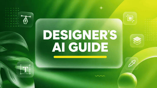 Emerald to lime gradient hero with a glass card reading DESIGNER'S AI GUIDE and yellow accent