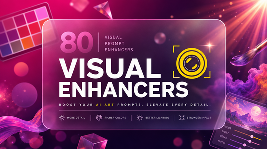 80 visual prompt enhancers for AI art generation glassmorphism hero