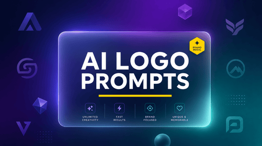 AI logo design prompts blog hero with glassmorphism card, yellow accent and bold title on a navy purple gradient