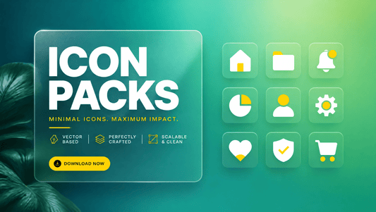 Teal to cyan gradient hero with a glass card reading ICON PACKS and a grid of flat icons